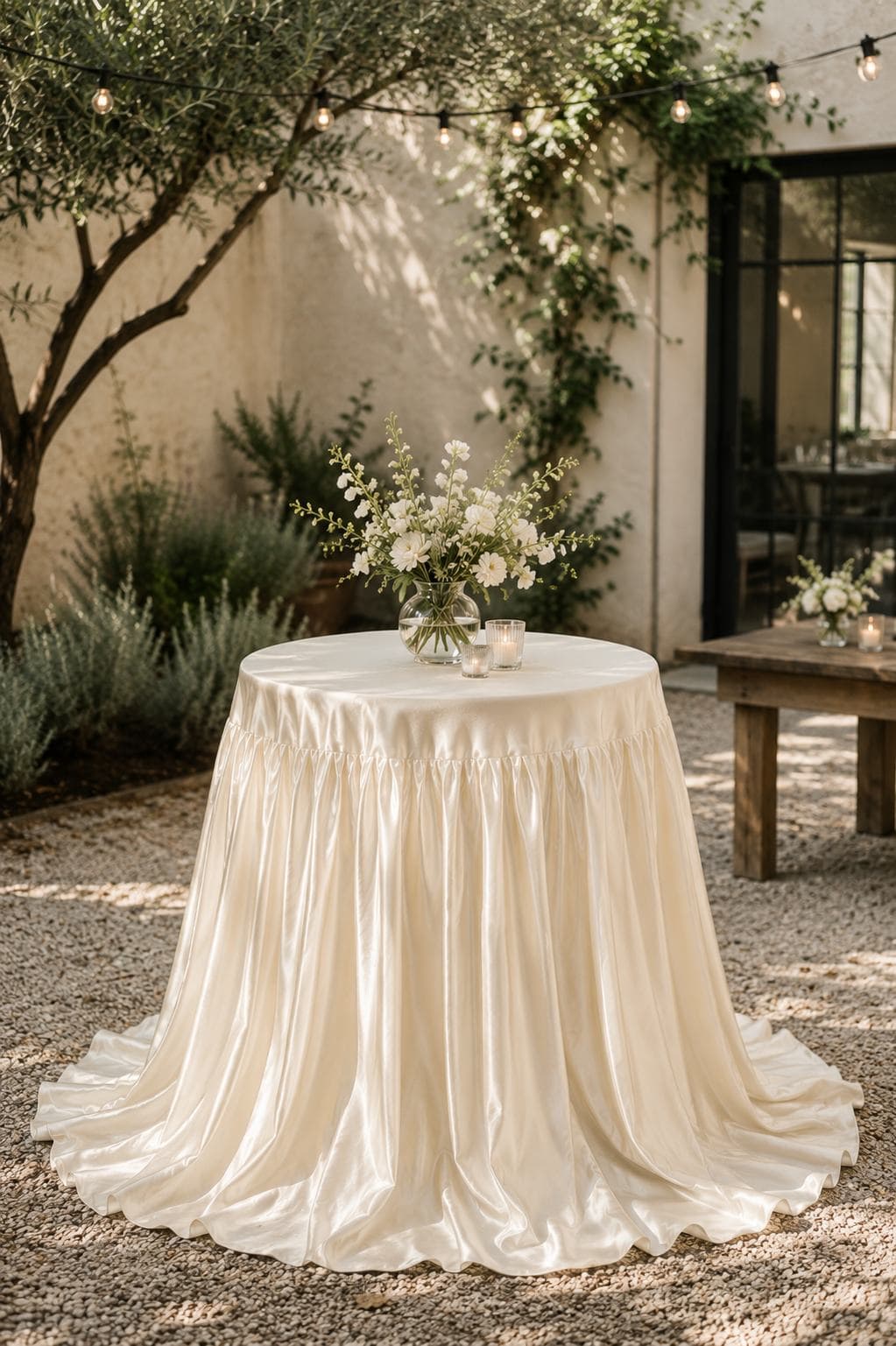 A round table draped in champagne satin beneath an olive tree at golden hour