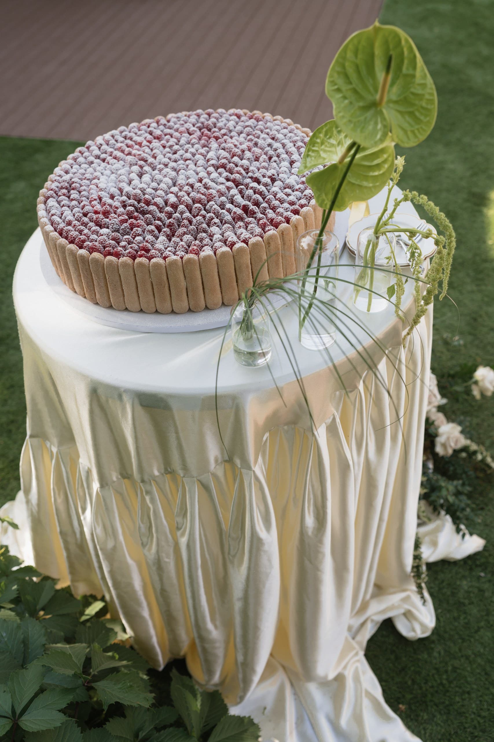 A round sugared-cranberry cake ringed with ladyfingers on a full-length ivory satin drape, a spike of green anthurium beside it